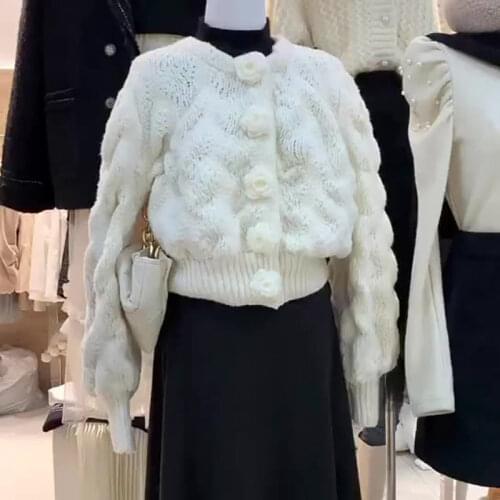 2021 autumn and winter long-sleeved round neck fashion new knit top all-match foreign flower sweater cardigan women