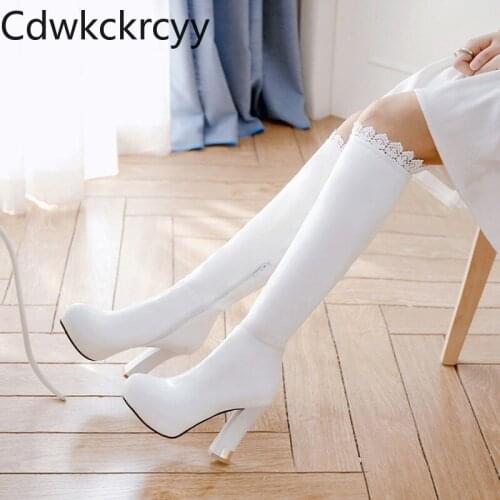 Winter The New fashion Round head Thick heel Womens boots white sweet Lace Plus velvet Keep warm High heel Women boots 34-43