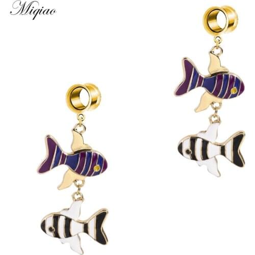 Miqiao 2pcs Trendy Hot Style Stainless Steel Dripping Fish Pendant, Double Horn Ear Expander, Exquisite Piercing Jewelry