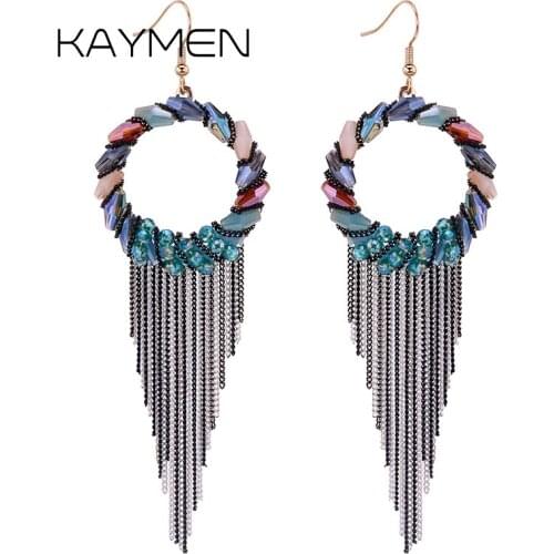 KAYMEN Circle Shape Twined Crystals whit Copper Black Chains Tassels Earrings for Women Golden Statement Drop Earrings