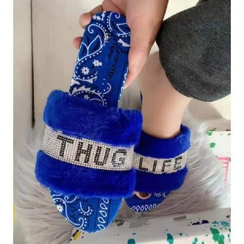 Faux Fur Sandals Paisley Bandana Printing Slippers Diamond Letters Flat Soft Slides Summer Fluffy Casual Shoes For Women Ladies