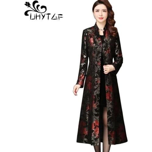 UHYTGF Fashion Women Long Jacket Printed High-End Casual Spring Autumn Windbreaker Female Tops Cardigan 5XL Plus Size Coats 1737