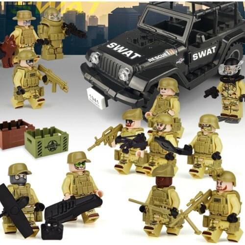 Military Jeep Police Minifigure Doll Set Special Warfare Brigade Weapon Piece Children Assembled Building Block Educational Toy