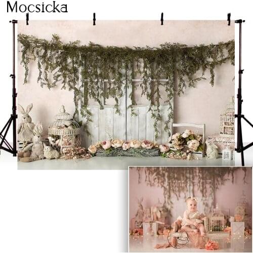 Rabbit backdrop Spring newborn wooden wedding background for photo stduio Infant wood door green plants photo backdrops