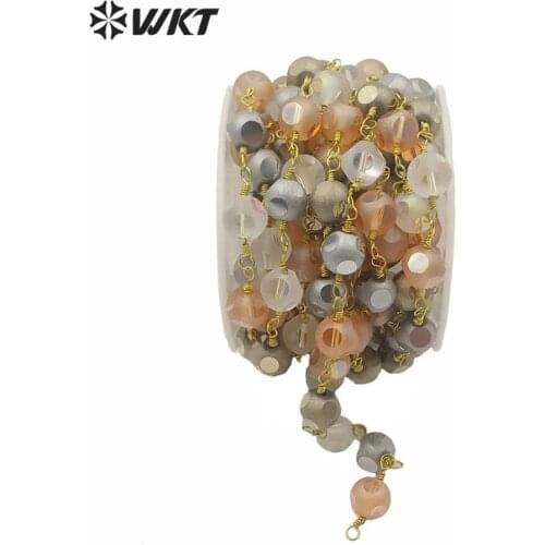 WT-RBC169 Unique fashion gold hand make wire wrapped mirror face 8mm crystal beads chain women jewelry necklace design chains