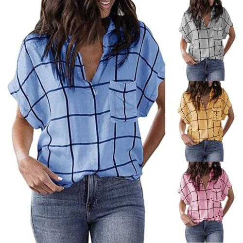 Spring and Summer New Fashion Womens Casual Loose Check Print Pocket V-Neck Short-Sleeved Pullover T-Shirt