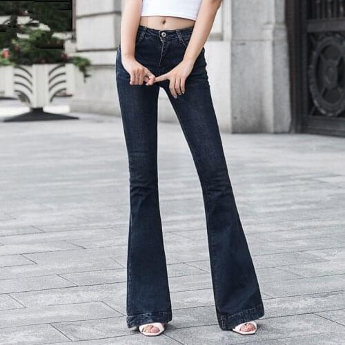 ACRMRAC Womens jeans 2018 Spring and autumn Slim Solid color Navy blue Middle waist Skinny Flare Pants Full Length jeans Women