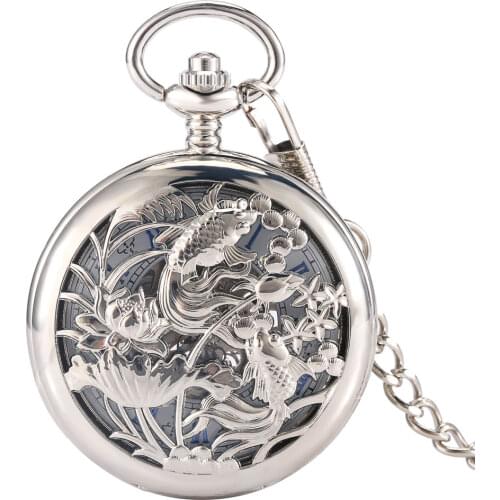 Silver Pisces Women Mechanical Pendant Pocket Watch Unique Hollow Out Design Roman Numeral Dial Clock Present Durable Alloy Case