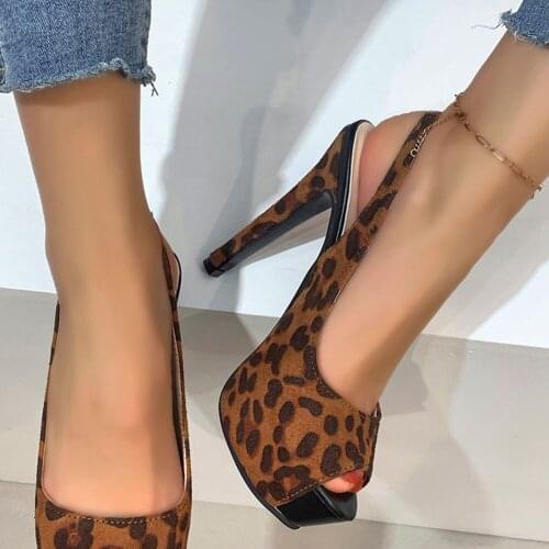 Super High Thin Heel Peep Toe Slip-On Platform Leopard Sexy Party 2021 New Arrivals Hot Sale Big Size 43 Woman Shoes