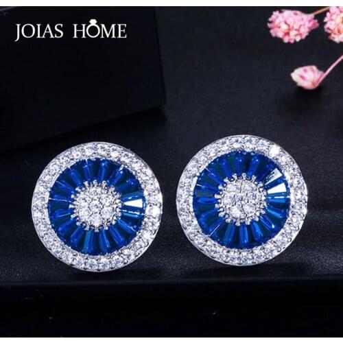 JoiasHome 925 Sterling Silver Earrings Vintage Aqua Blue Full Diamond Zircon with Wheel Stud Earrings Wedding Dinner Accessories