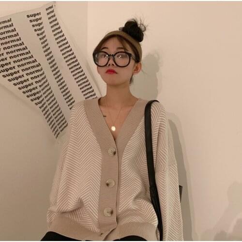 Fashion Streetwear Loose Female Tops 2021 Fall Striped Knitted Cardigans Sweater Women Vintage Korean Chic Long Sleeve Coat