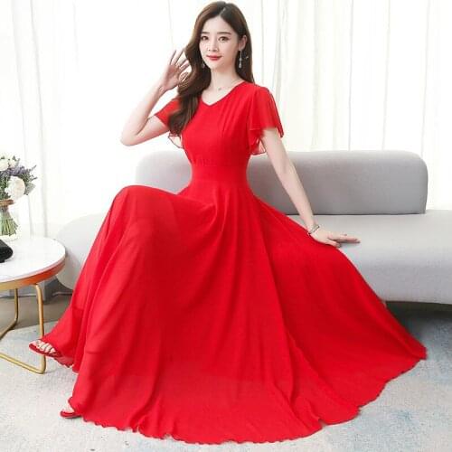 2021 New Summer Women Fashion Streetwear Dresses Lady Chiffon Solid Color Dress Vintage Slim Short Sleeve Long Vestido B90