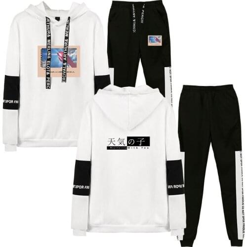 Anime Tenki No Ko Hoodies Sweatpants 2Pcs Pants Harajuku Fashion Shirt Trousers Sets Men Women Tracksuit Warm Sweater Pants Suit