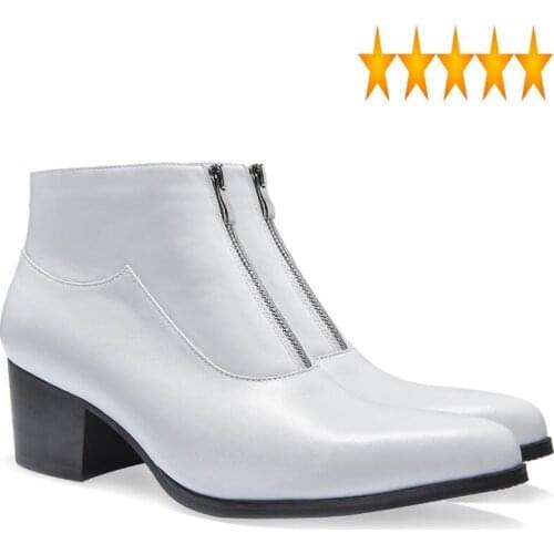 Genuine Fleece Warm High Heel Leather Men Pointed White Black Zipper Work Ankle Boots England Style Fashion Dress Shoes