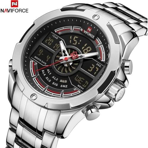 NAVIFORCE Business Watch Men Top Brand Luxury Stainless Steel Quartz LED Men’s Watches Silver Black Waterproof Sports Big Wrist