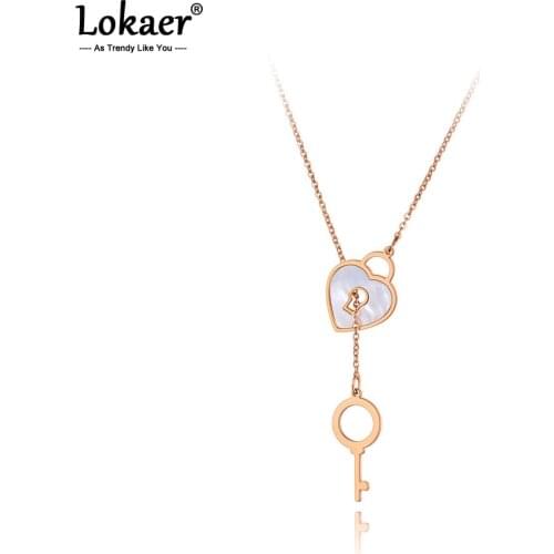 Lokaer Titanium Stainless Steel Key & Lock Charm Choker Necklaces For Women Girls Fashion CZ Crystal Pendant Necklace N20251