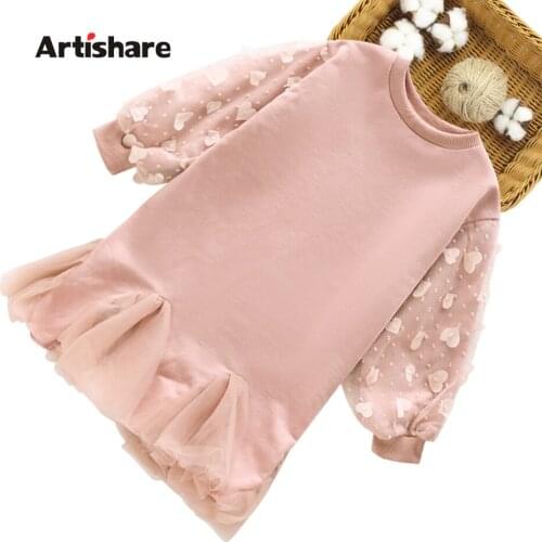 Kids Dresses For Girls Heart Pattern Girl Party Dress Flower Appliques Child Mesh Dress Autumn Winter Girls Costumes Kids