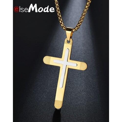 ELSEMODE Christian Jesus Cross Jewelry for Women Men Gold Steel 316L Stainless Steel Charms Pendant Necklace Friend Gifts