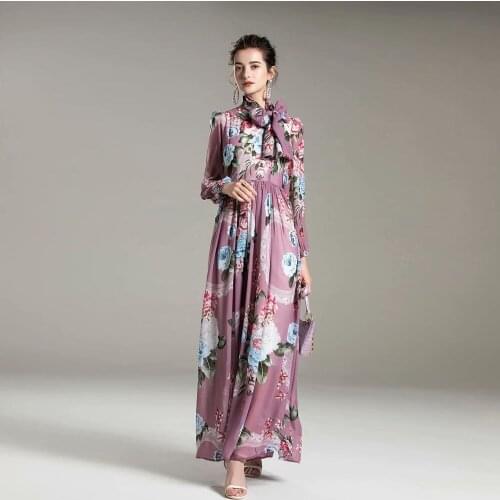 Purple Chiffon Bowtie Floral Dresses Women Fashion 2021 Summer Long Casual Sexy Office Work Daily Dress Plus Size Elegant A Line