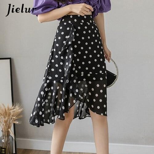 Jielur Summer Polka Dot Skirt Chiffon Trumpet Vintage Lady Asymmetrical Mini Skirt Fashion Elegant High Waist Black Women Skirt