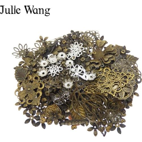 Julie Wang 50g/bag Randomly Mix Retro Leaf Flowers Antique Color Vintage Iron Charms Necklace Bracelet Jewelry Making Accessory