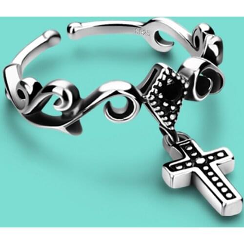 Neo-Gothic Style S925 Sterling Silver Ring Fashion Cross Design Ring Solid Silver Opening Adjustable Size Ring Anniversary Gift