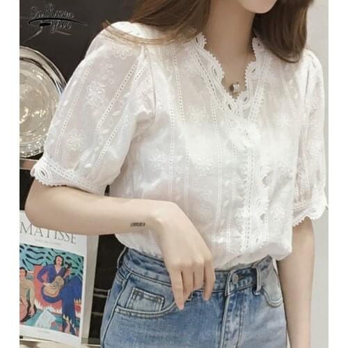 Short Sleeve Lace Shirt Women Fashion V Neck Lace Hollow Summer Womens Blouse Plus Size Chic Embroidery Slim White Tops 13487