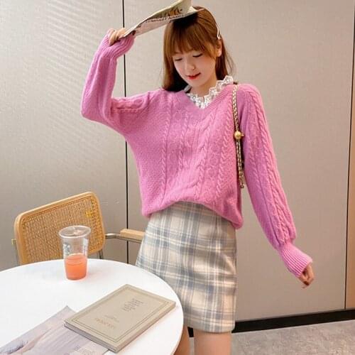 2020 New Pullover Sweater Women Autumn Winter Korean Fashion Short Loose Thick Lace V-Neck All-Match knitting Sweaters Female