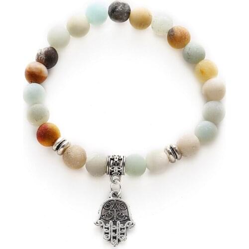 New Fashion Alloy Hamsa Hand Fatima Palm Bracelets for Women Gift Lava Natural Stone Amazonite Beads Lotus Bracelet Men Jewelry