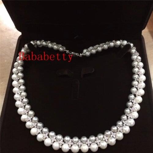 Wholesale latest new design jewelry 2rows natural AA 8-10mm white&gray freshwater pearl necklace