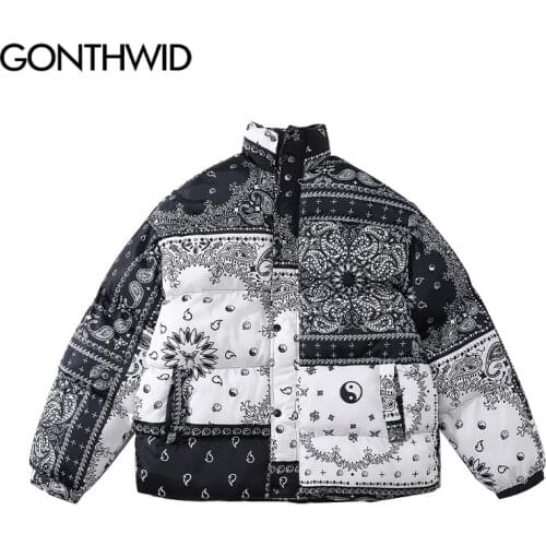 GOGONTHWID Harajuku Streetwear Cotton Padded Parka Jackets Bandana Paisley Pattern Print Thick Warm Coats Hip Hop Winter Tops