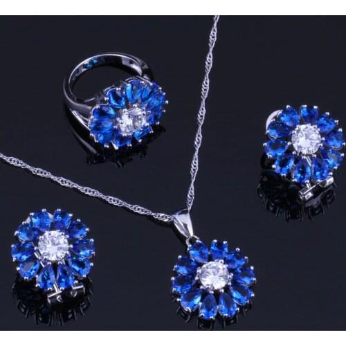 Stunning Blue Cubic Zirconia White CZ Silver Plated Jewelry Sets Earrings Pendant Chain Ring V0312