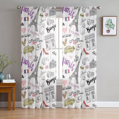 Paris Eiffel Tower Building Sheer Curtains for Living Room Bedroom Tulle Curtains Kitchen Window Treatments Panel Drapes