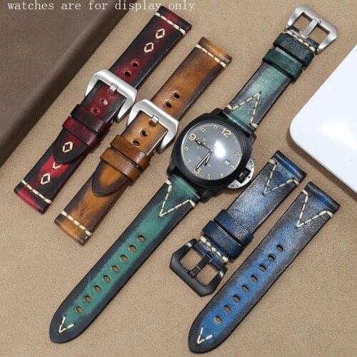Handmade Genuine Leather Strap 22mm 24mm 26mm Red Blue Blackish Green Bracelet For Panerai CITIZEN Mens Retro Watch Chain