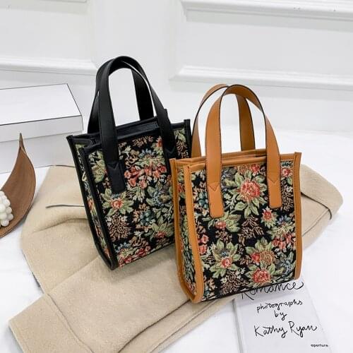 Vintage Women Floral Printing Canvas Square Tote Handbag Fashion Ladies Flower Shoulder Bag Messenger Bag