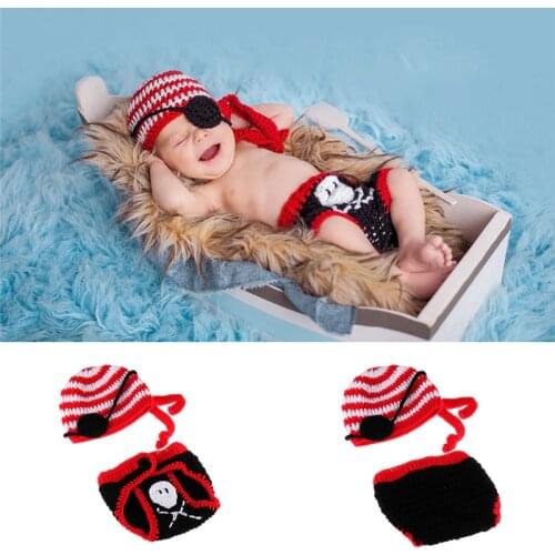 Newborn Baby Crochet Knit Costume Skull Pirate Handwoven Hat Cap Diaper Cover Kids Birthday Photo Shoot Prop Accessories Outfits