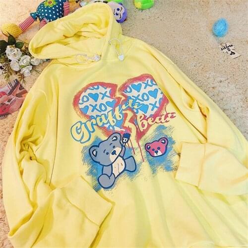 Yellow Bears Graffiti Hoodie Sweatshirts Hip Hop Teens Clothes 2021 Womens Winter Tops Streetwear Oversized Harajuku Pullovers