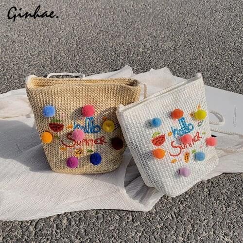 Cute Hair Ball Embroidery Handbag Woven Straw Beach Bag For Women Summer Fashion Rattan Shoulder Bag Classic Elegant Bucket Bag