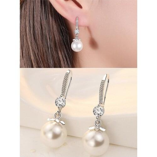 Chic Delicate Pearl & Crystal Zircon Diamonds Gemstones Drop Earrings for Women 18k White Gold Silver Color Jewelry Accessories