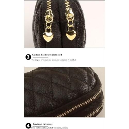 Women Aritificial Leather Small Wallet Double Zipper Diamond Embroidery Thread Coin Purse Storage Bag Card Holder Clutch with