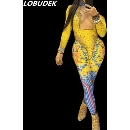 Gold Crystals Vintage Printing Stretch Jumpsuit Female Costume Nightclub Bar Women Singer Dance Performance Bodysuit Stage Wears