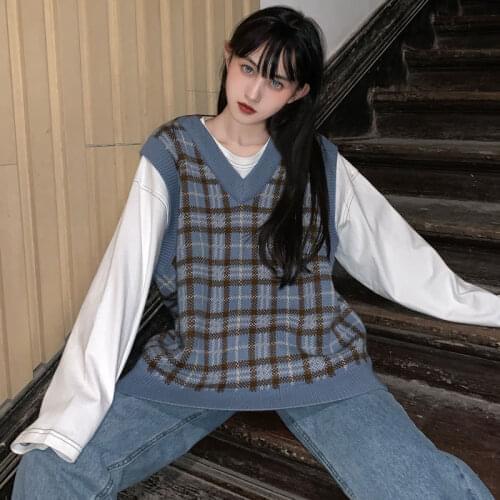 V-neck Sleeveless Sweaters Students Korean-style Loose Casual Fashion Chic Vest Women Plaid Vintage Harajuku Stylish Street-wear