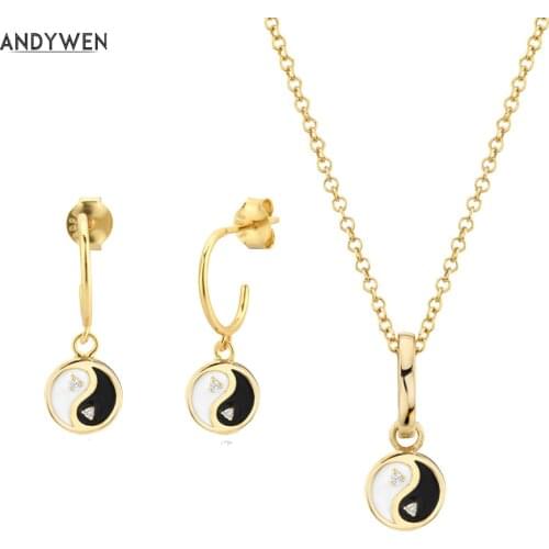 ANDYWEN 925 Sterling Silver 2021 White Black Enamel Pendant Drop Earring Necklace Jewelry Set Women Fashion Crystal Wedding Gift