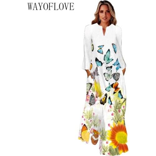 WAYOFLOVE 3D Flowers Butterfly Print White Dress 2021 Long Sleeve Autumn Casual Plus Size Dresses Woman Elegant Girls Long Dress