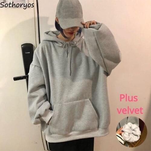 Winter Plus Velvet Hoodies Women Solid Street Couple Harajuku Baggy Warm All-match Hooded Tops Ins Fashion Student BF Outwear