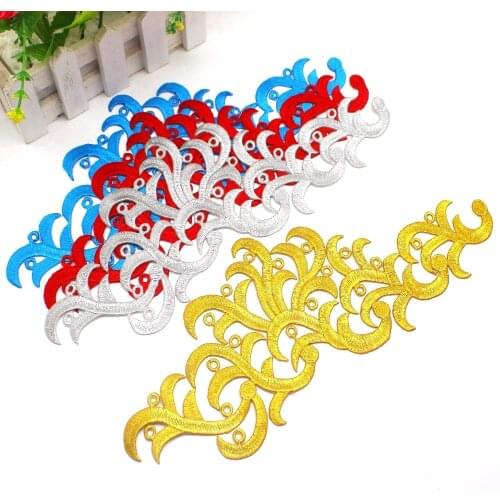 YACKALASI 4 Pairs/Lot 3D Flower Applique Mirror Pairs Gold Embroidered Trims Iron on Padded leaves floral patches 29cm*13cm