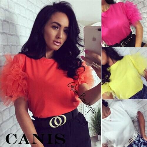 2019 New Fashion Women Short Sleeve Tulle Ruffle T Shirts Ladies Casual Solid Tops Shirt