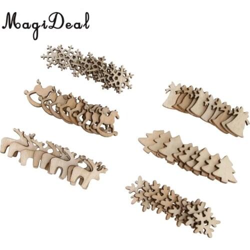 60 Pieces Assorted Wooden Cutout Shapes Craft Christmas Decor Embellishment Xmas Trees Wedding Party Decoration Accessories
