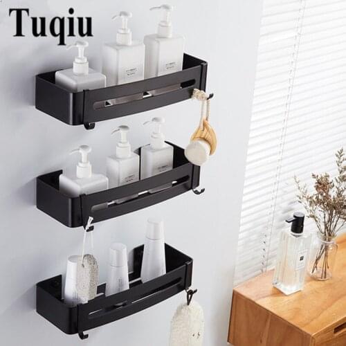 Nail Free Space Aluminum Black Bathroom Shelf Cosmetic Rack With Single Lever Bath Corner Basket With Hook Bathroom Rack Shelf