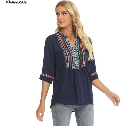 KHALEE YOSE Black Floral Embroidery Blouse Shirt 100% Cotton Summer Mexican Women Shirt Plus Size 2xl Ethnic Boho Ladies Shirt
